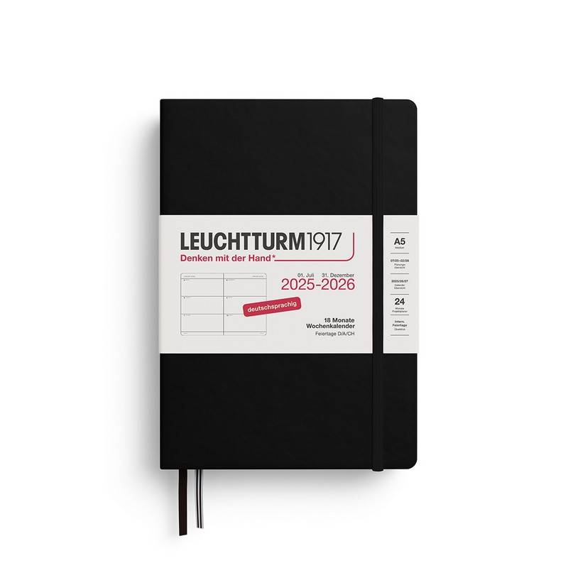 Leuchtturm1917 18 Monatskalender 1 Woche auf 2 Seiten 2026 Medium A5 Hardcover Schwarz von Leuchtturm1917