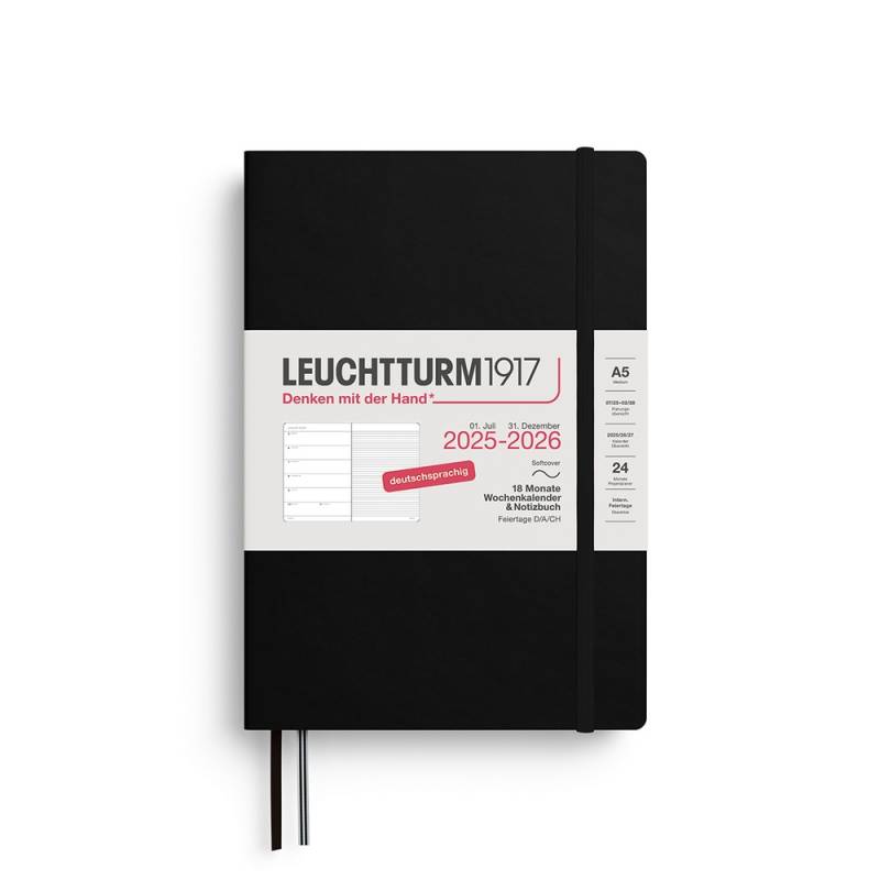 Leuchtturm1917 18 Monatskalender & Notizbuch 1 Woche auf 1 Seite 2026 Medium A5 Softcover Schwarz Liniert von Leuchtturm1917