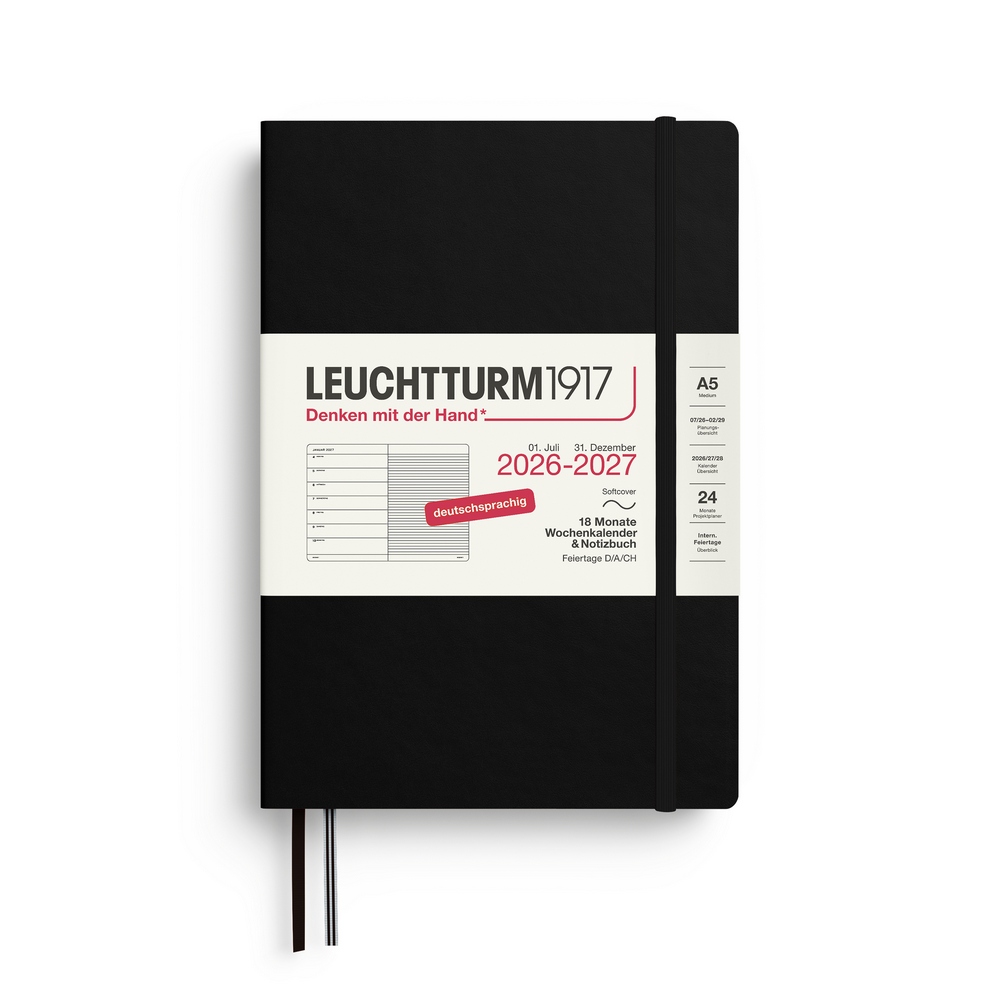 Leuchtturm1917 18 Monatskalender & Notizbuch 1 Woche auf 1 Seite 2027 Medium A5 Softcover Schwarz Liniert von Leuchtturm1917