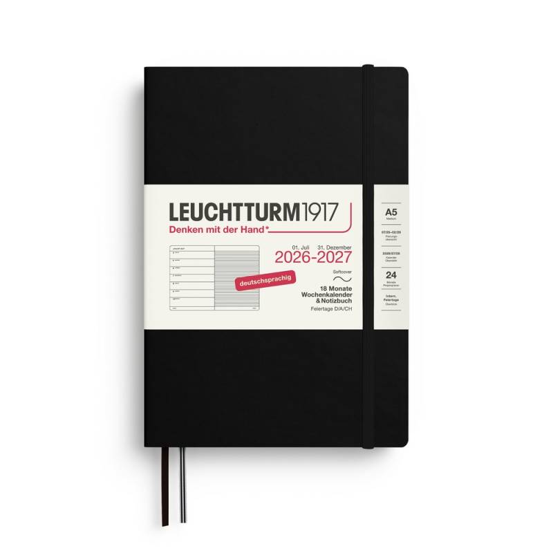 Leuchtturm1917 18 Monatskalender & Notizbuch 1 Woche auf 1 Seite 2027 Medium A5 Softcover Schwarz Liniert von Leuchtturm1917