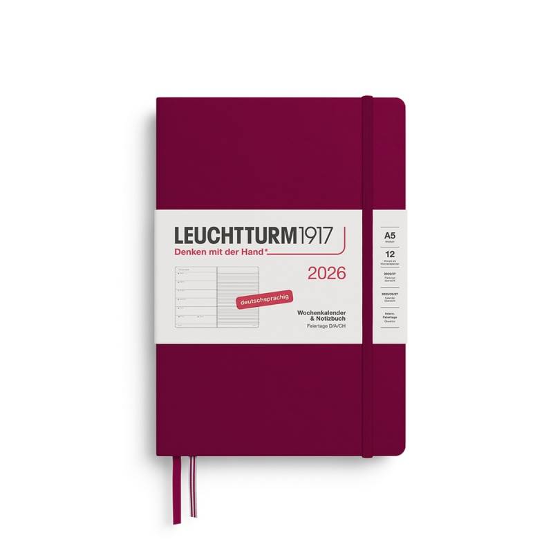 Leuchtturm1917 Kalender & Notizbuch 1 Woche auf 1 Seite 2026 Medium A5 Hardcover Port Red, liniert von Leuchtturm1917