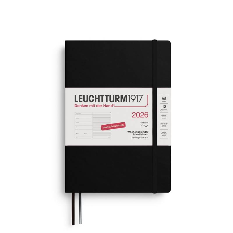 Leuchtturm1917 Kalender & Notizbuch 1 Woche auf 1 Seite 2026 Medium A5 Softcover Schwarz, liniert von Leuchtturm1917
