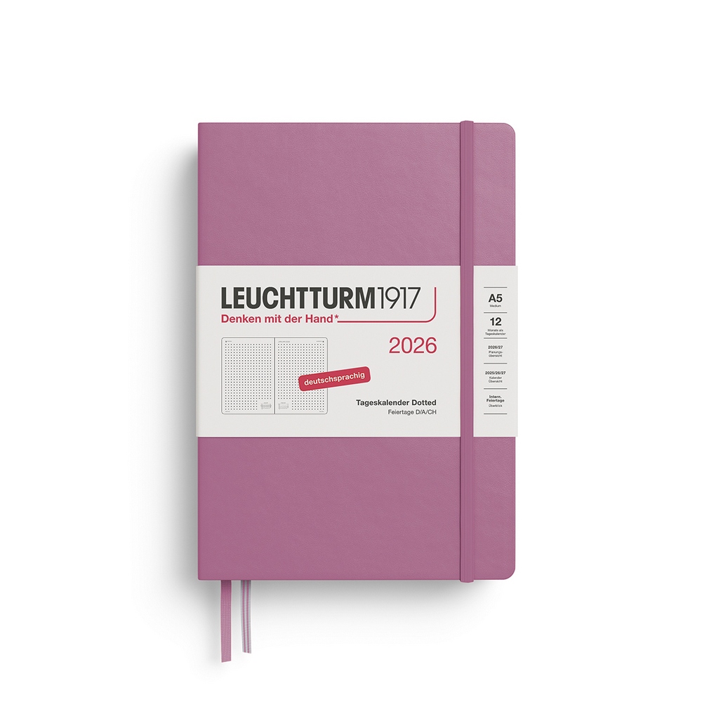 Leuchtturm1917 Tageskalender 1 Tag auf 1 Seite 2026 Medium A5 Hardcover Dusty Rose, punktkariert von Leuchtturm1917