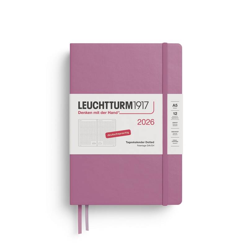 Leuchtturm1917 Tageskalender 1 Tag auf 1 Seite 2026 Medium A5 Hardcover Dusty Rose, punktkariert von Leuchtturm1917