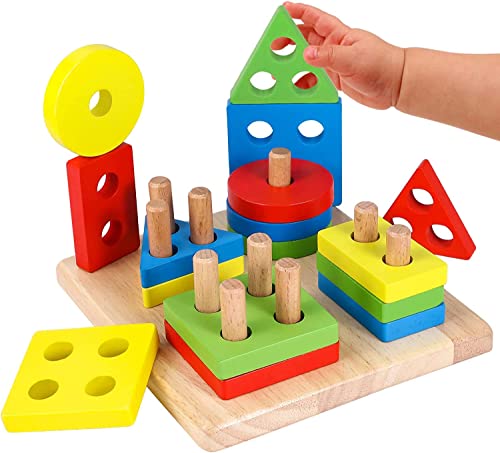 Lewo Holzpuzzles Geometrisches Stapel Steckspiel Farben und Formen Sortierspiel Lernspielzeug für Kleinkind Kinder von Lewo