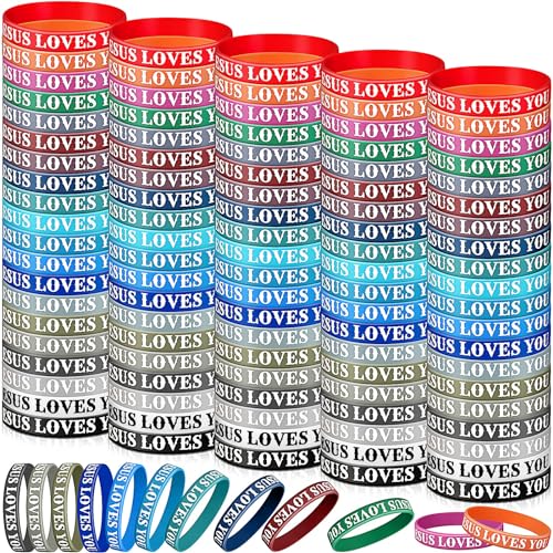 Lewtemi 100 Stück Jesus liebt dich, Silikon-Armband, bunt, Gummi-Armbänder, christliches Armband, Großpackung, motivierende Gummi-Armbänder für Männer und Frauen, Partygeschenke (tiefe Farbe) von Lewtemi