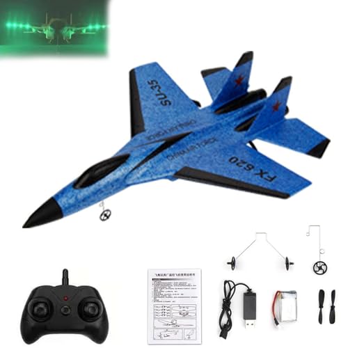 Su-35 Rc-Modell-Kampfjet Mit LED-Leuchten, 2-Kanal-Fernbedienung, Rc-Flugzeug, Schaumstoff-Kampfflugzeug for Erwachsene Im Freien, Per USB Wiederaufladbarer, Sturzfester Kampfsegler(Blue) von LexTex