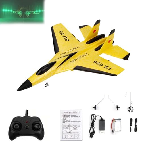Su-35 Rc-Modell-Kampfjet Mit LED-Leuchten, 2-Kanal-Fernbedienung, Rc-Flugzeug, Schaumstoff-Kampfflugzeug for Erwachsene Im Freien, Per USB Wiederaufladbarer, Sturzfester Kampfsegler(Yellow) von LexTex