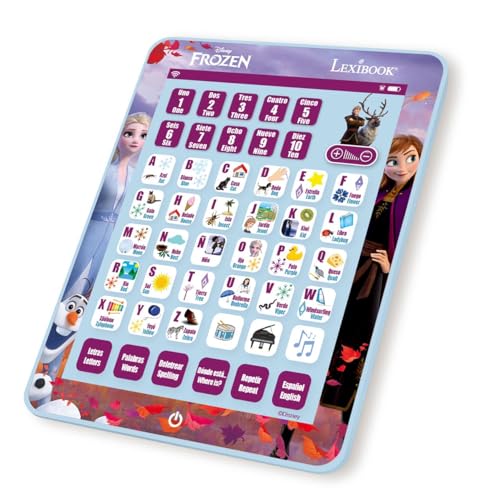 LEXIBOOK JCPAD002FZi2 Disney Frozen Lerntablett, Lernen, Buchstaben, Zahlen, Wörter, Rechtschreibung und Musik, Englisch/Spanisch, Blau von Lexibook