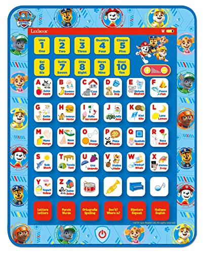 LEXIBOOK JCPAD002PAi5 Paw Patrol Pädagogisches zweisprachiges interaktives Tablet, Spielzeug zum Lernen Alphabet Buchstaben Zahlen Wörter Rechtschreibung und Musik, Englisch/Italienische Sprachen, Blau von Lexibook