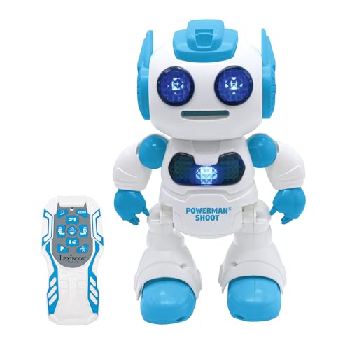 Lexibook, Powerman® Shoot - Mein erster Wurfscheibenroboter, Programmierbarer Ferngesteuerter Roboter, Spielt Musik und Tanzt, Sound- und Lichteffekte, 12 Schaumstoffscheiben, ROB17 von Lexibook