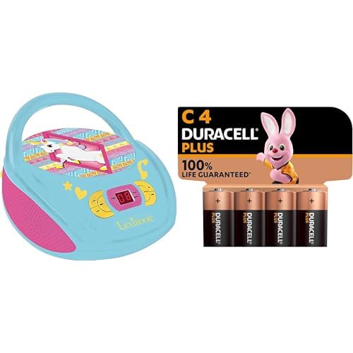 Lexibook Boombox CD-Player Einhorn Unicorn, AUX-Eingangsbuchse, USB-port, AC-Betrieb oder Batterie, Blau/Pink, RCD108UNI_10 + Duracell Plus C Batterien, LR14, 4 Stück, Duracell Batterien C für Alltags von Lexibook