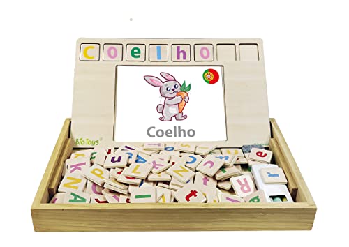 LEXIBOOK EDU100i4 Bio Toys Wortschule, zweisprachig Englisch/Portugiesisch Holzspiele, 50 Karten, Alphabet, Lernspiel, M von Lexibook