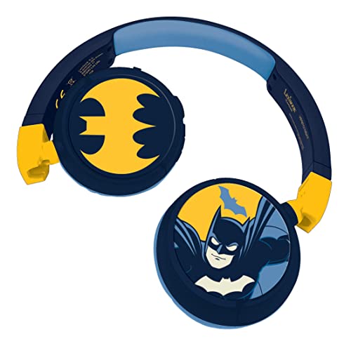 Lexibook - Warner Batman - 2-in-1 Audio-Kopfhörer mit Bluetooth und Kabel, Stereo, drahtlos, kabelgebunden, begrenzter Klang, faltbar, verstellbar, wiederaufladbarer Akku, blau/gelb, HPBT010BAT von Lexibook