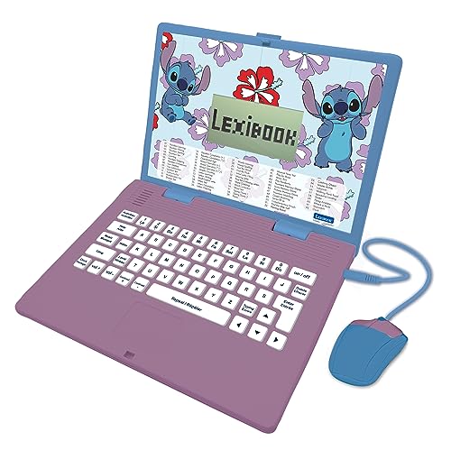 Lexibook Disney Stitch Lern-Laptop zweisprachig Englisch/Französisch, 124 Sprachaktivitäten, Schreiben, Mathematik, Logik, Musik und Spiele, Jungen und Mädchen, JC598Di1, Blau/Violett von Lexibook