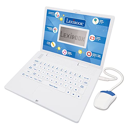 LEXIBOOK JC598i2 zweisprachiger Laptop Spanisch/Englisch-Spielzeug für Kinder mit 124 Aktivitäten zum Lernen von Mathematik, Daktylographie, Logik, Uhrlesen, Spielen und Musik, weiß/blau, M von Lexibook