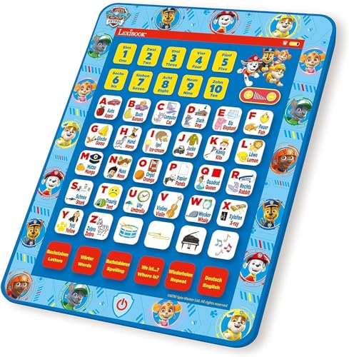 Lexibook Paw Patrol Bilingual Talking Educational Tablet, Spielzeug zum Lernen von Buchstaben, Zahlen, Wortschatz und Musik, Sprachen Deutsch/Englisch, Blau, JCPAD002PAi3 von Lexibook