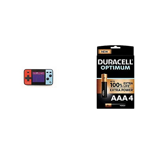 Lexibook JL1895 tragbare Spielekonsole Cyber Arcade Pocket 150-Spiele, Videospiele für Teenager, blau/rot + Duracell NEU Optimum AAA Micro Alkaline Batterien, 1.5V LR03 MX2400, 4er-Pack von Lexibook