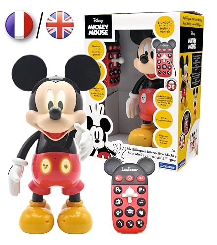 Lexibook MCH01i1 Disney – Roboter Mickey zweisprachig Französisch/Englisch, 100 Lernquiz, Lichteffekte, Tanz, programmierbar, Gelenk, Schwarz/Rot von Lexibook