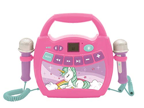 Lexibook MP320UNIZ Einhorn-Tragbarer digitaler Karaoke-Player für Kinder-Mikrofone, Lichteffekte, Bluetooth, Aufnahme-und Sprachwechslerfunktionen, wiederaufladbarer Akku, Lila, Mehrfarbig, Rosa von Lexibook