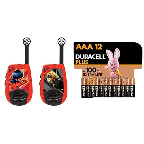 Lexibook Miraculous Ladybug Cat Noir, Walkie-Talkies, Reichweite 2km, Licht-Morse Funktion, Gürtelclip, für Kinder, Batterie,Rot, TW25MI + Duracell Plus Batterien AAA, 12 Stück, langlebige Power, AAA von Lexibook