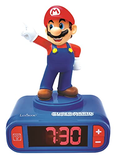 Lexibook - Nintendo Super Mario - Wecker Nachtlicht, Leuchtfigur, Auswahl aus 6 Alarmen, 6 Soundeffekten, Uhr, Wecker für Jungen und Mädchen, Snooze, für 3 plus Jahren, Blau/Rot - RL800NI von Lexibook