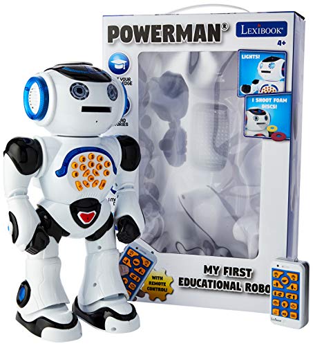 Powerman ROB50EN Spielzeugrobot, mit Fernbedienung, pädagogischer Roboter, Tanz, singt, Geschichten, Mathematik-Quiz, Schießscheiben und Stimm-Nachahmung, Schwarz/Weiß (Englische Version) von Lexibook