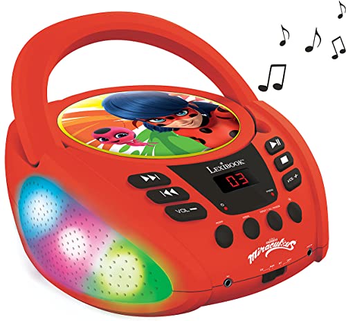 Lexibook RCD109MI, Miraculous Ladybug Cat Noir, Bluetooth CD-Spieler für Kinder, Tragbar, Lichteffekte, Mikrofonbuchse, Aux-in-Eingang, Batterie-oder Netzbetrieb, Mädchen, Jungen, Rot von Lexibook