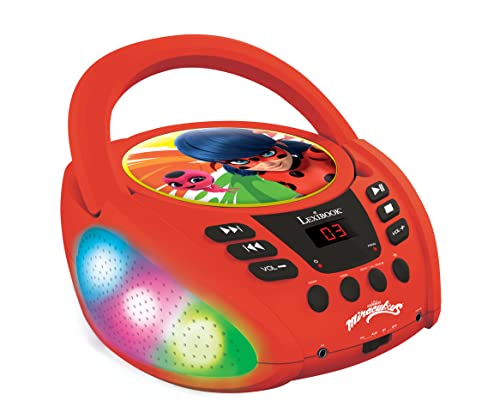 Lexibook RCD109MI, Miraculous Ladybug Cat Noir, Bluetooth CD-Spieler für Kinder, Tragbar, Lichteffekte, Mikrofonbuchse, Aux-in-Eingang, Batterie-oder Netzbetrieb, Mädchen, Jungen, Rot von Lexibook