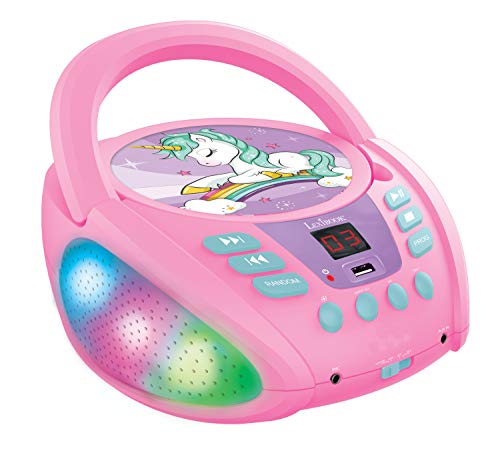 Lexibook, Einhorn, Bluetooth-CD-Player für Kinder, tragbar, mehrfarbige Lichteffekte, Mikrofonbuchse, Aux-in-Buchse, Wechselstrom- oder Batteriebetrieb, Mädchen, Jungen, Pink, RCD109UNI von Lexibook