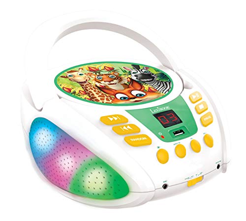 Lexibook, Dschungeltiere, Bluetooth-CD-Player für Kinder, tragbar, mehrfarbige Lichteffekte, Mikrofonbuchse, Aux-in-Buchse, AC- oder batteriebetrieben, Mädchen, Jungen, Weiß/Grün, RCD109ANX von Lexibook