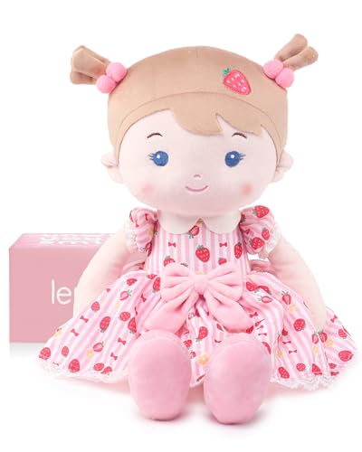 LeyaDoll Weiche Stoffpuppe (40cm),Geburtstags- & Taufgeschenk für Mädchen - Liebevolles Baby Spielzeug 0-3 Jahre - Mein erster Schutzengel - Strawberry von LeyaDoll