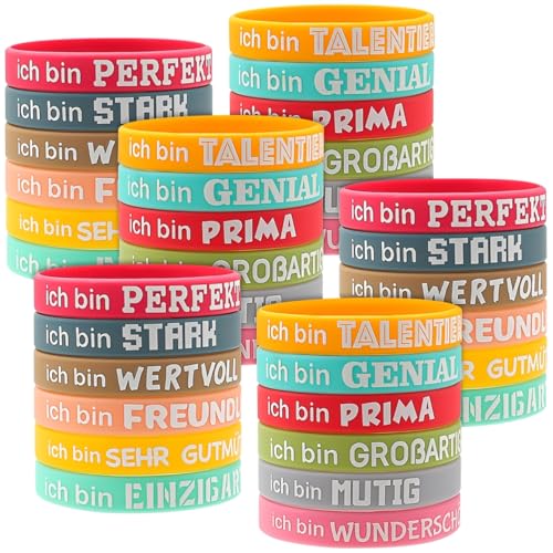 Leyrens 36 Stück Motivationsarmbänder auf Deutsch, Inspirierende Silikon Armbänder mit 12 Stile Positiven Sprüchen, Silikonarmbänder Farbige, für Einschulung Schulkind Abschiedsgeschenk von Leyrens