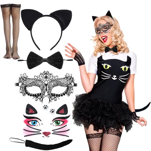 Lezehea Katzenkostüm Damen,Katzenohren Haarreif+Spitze Maske+Katzenschwanz+Fliege+Gesicht Kunst Aufkleber+Netzstrümpfe,Catwoman Kostüm Set für Fasching Karneval Halloween Cosplay Party Lezehea Katzenkostüm Damen,Katzenohren Haarreif+Spitze Maske+Katzenschwanz+Fliege+Gesicht Kunst Aufkleber+Netzstrümpfe,Catwoman Kostüm Set für Fasching Karneval Halloween Cosplay Party von Lezehea