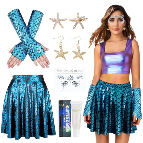 Meerjungfrau Kostüm Damen,Mermaid Meerjungfrau Kostüm Fischschuppen Rock+Handschuhe Meerjungfrau + 2 Stücke Seestern Haarspange +Ein Paar Ohrringe+Edelsteine Gesichtstattoo für Fasching Karneval (M) von Lezehea