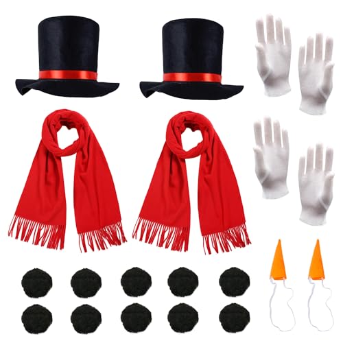 Lezevn 18-teiliges Schneemann-Kostüm-Set für Weihnachten, schwarz, Zylinder, Karottennase, weiße Handschuhe, schwarze Wollbälle für Party, Cosplay von Lezevn