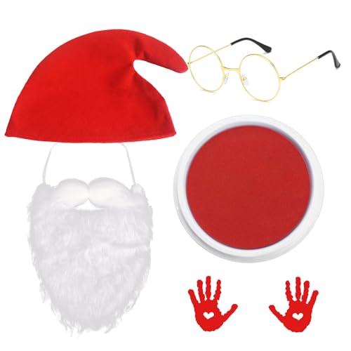 Lezevn 4 Stück Zwerg Schlumpf Set Magischer Zwerg Kostüm Hüte Brille Bärte Gesichtsfarbe Gartenzwerg Faschingskostüm (Rot) von Lezevn