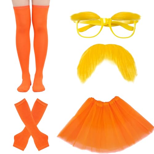Lezevn 5-teiliges orangefarbenes Kostümzubehör-Set mit gelbem Schnurrbart und Augenbrauen mit Brille, orangefarbene Socken, Handschuhe, Tutu-Rock für Buchwoche, Halloween-Party von Lezevn