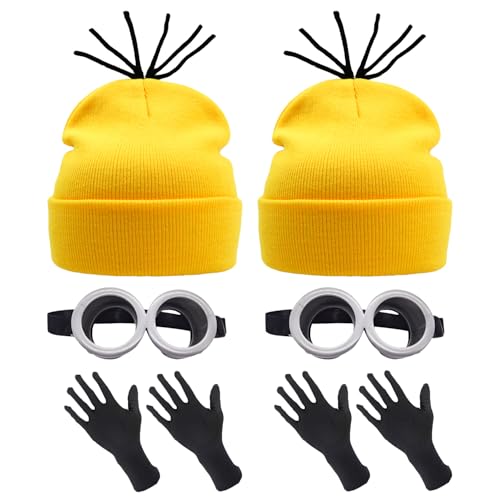 Lezevn 6 x Halloween-Kostüm-Zubehör, gelbe Beanie, Strickmütze, lustige Cartoon-Charaktere, Brille, Augen, schwarze Handschuhe für Party-Dekorationen, Halloween-Outfits von Lezevn