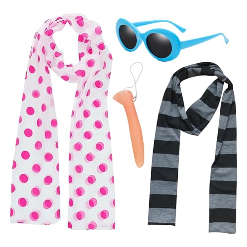 Lezevn Halloween-Kostüm-Set, lang, gepunktet, blaue Brille, grau gestreift, Schal, falsche Nase für Cosplay, Mottoparty, 4-teilig von Lezevn