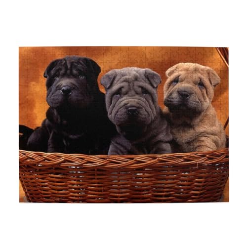 500 Teile, Puzzles für Erwachsene, anspruchsvolle Puzzles, Puzzlespiel für das Ganze,Shar Pei, schwarzer Welpe, kleine Hunde, Grauer Welpe, Haustiere von LfearTesa