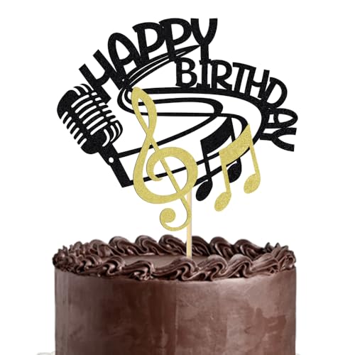 Lgaiehjc Schwarzer Happy Birthday Kuchenaufsatz, Musikliebhaber-Geburtstagsdekorationen, Musikthemen-Geburtstagsparty-Zubehör, Musikthemen-Geburtstagsparty-Zubehör für Jungen und Mädchen von Lgaiehjc