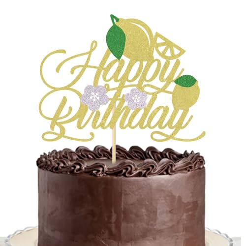 Lgaiehjc Tortenaufsatz "Happy Birthday", Zitronen-Motiv, glitzernd, Obstmotive, für Babyparty, Geburtstag und Sommerparty, Kuchendekorationen von Lgaiehjc