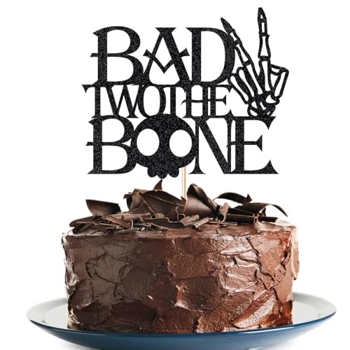 Tortenaufsatz mit Aufschrift "Bad Two the Bone", Rock-Thema, Baby-Kuchendekoration, Knochenschädel, Rock-Roll-Musik, 90er-Jahre-Motto, Party-Dekoration für Babys zum 2. Geburtstag, Schwarz von Lgaiehjc