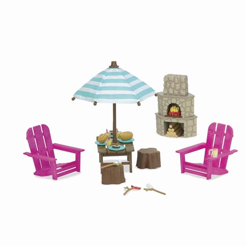 Li’l Woodzeez 23-teilig Terrasse und Garten Feuerstelle Zubehör Set –Stühle, Sonnenschirm und mehr – Tierfiguren Accessoire Spielzeug für Kinder ab 3 Jahren von Li'l Woodzeez