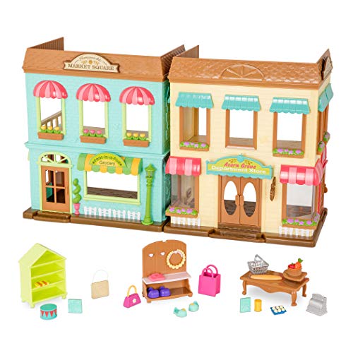 Li’l Woodzeez 24-teiliges Großes 41 cm Marktplatz Set mit Zubehör und 2 Stockwerken – Möbel, Kasse, Essen und mehr – Spielzeug für Kinder ab 3 Jahren von Li'l Woodzeez