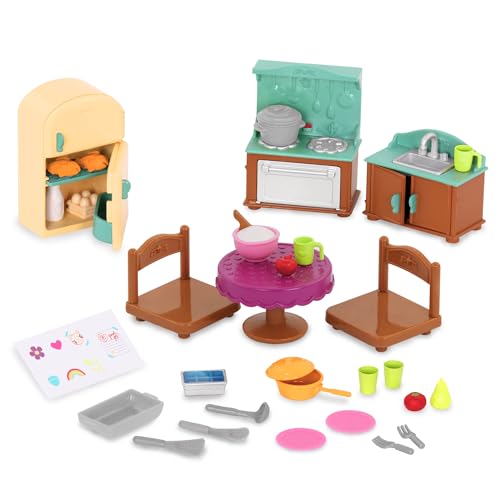 Li’l Woodzeez 30-teilig Landhausstil Küche Zubehör Set – Herd, Spüle, Esstisch und mehr – Tierfiguren Accessoire Spielzeug für Kinder ab 3 Jahren von Li'l Woodzeez