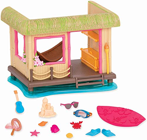 Li’l Woodzeez 15-teiliges Set Tiki Strandhütte mit Zubehör – Hängematte, Surfbrett, Sandburg, Ukulele und mehr – Spielzeug für Kinder ab 3 Jahren von Li'l Woodzeez