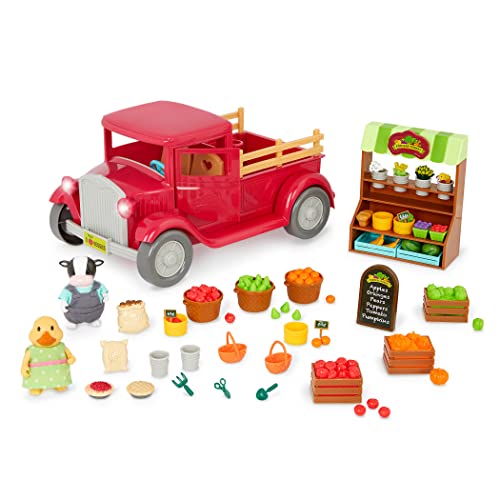 Li’l Woodzeez – Spielzeug Auto – 62-teilig mit Spielzeug Obst und Gemüse – Marktstand Spielset – mit 2 Tierfiguren Ente und Kuh – für Kinder ab 3 Jahren – Bauernmarktstand mit Auto von Li'l Woodzeez