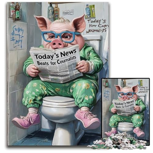 1000-teiliges Puzzle „Pig Go Toilet“, Holzpuzzle zum Entspannen und Herausfordern, farbenfrohe Kunst zur Heimdekoration, Freunde, 50x75cm/19,68x29,52 Zoll von LiJianXXE